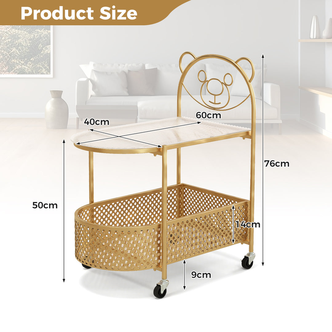 Gold Bear Pattern Mobile Side Table With Storage Basket