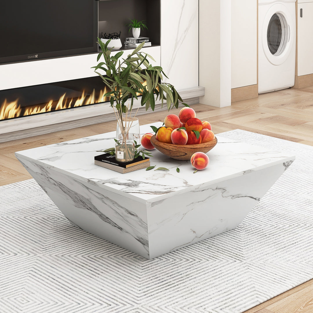 Trapezoidal White Marble Veneer Coffee Table with Two Drawers