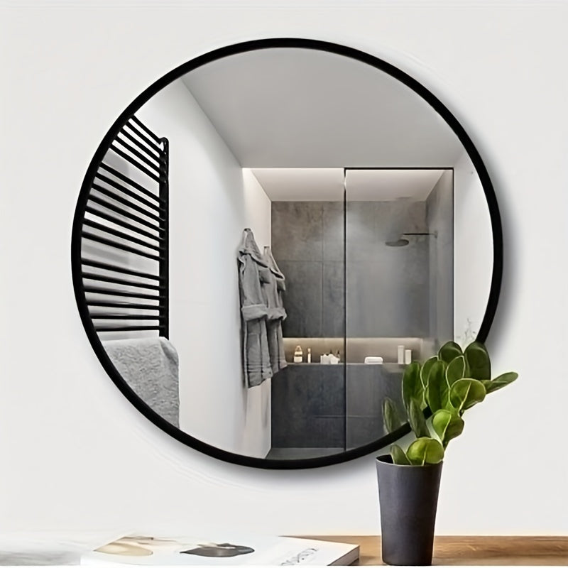 A Sleek Round Black Framed Wall Mirror with Shatterproof Glass